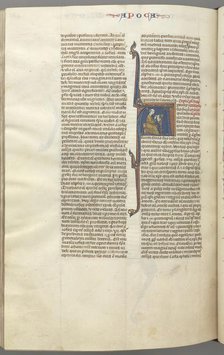 Fol. 482v, Revelations, historiated initial A, John seated at a desk writing..., c. 1275-1300. Creator: Unknown.