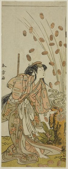 The Actor Segawa Kikunojo III as Hito-maru Disguised as the Courtesan Chiyozaki, in the..., c. 1775. Creator: Shunsho.