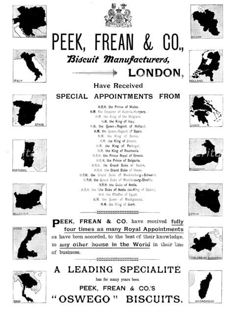 Advertisement for Peek, Frean & Co., biscuit manufacturers, 1895. Creator: Unknown.