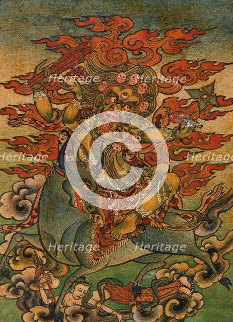 Yellow Yama (?) and Consort on Bull, Nyingmapa Buddhist or Bon Ritual Card, 18th-19th century. Creator: Unknown.