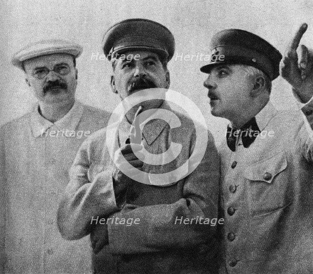 Vyacheslav Molotov, Joseph Stalin and Kliment Voroshilov on the Central Aerodrome, June 25, 1937, 1937.