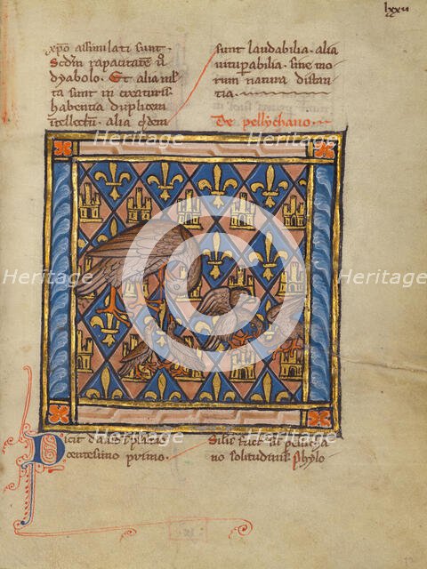 A Pelican Feeding her Young; Bestiary, about 1270. Creator: Unknown.