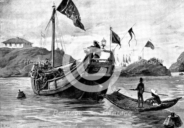Sketches in Formosa: "Black Flag" soldiers laying down mines at the entrance to Takow Harbour, 1895. Creator: George Meisenbach.