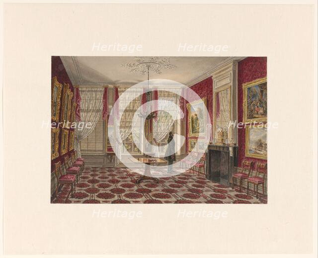 19th century interior with paintings and standing figure, 1842-1848. Creator: Augustus Wijnantz.