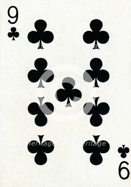 9 of Clubs from a deck of Goodall & Son Ltd. playing cards, c1940. Artist: Unknown.