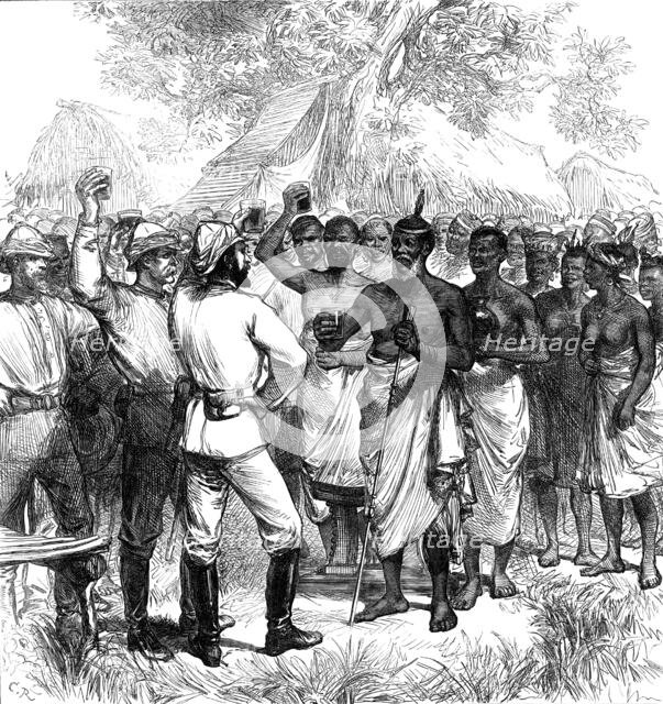 The Ashantee War: drinking the Queen's health in our camp, from a sketch by our special artist, 1874 Creators: Unknown, C. R..