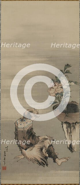 A Seated Man Looking at Potted Peonies, late 18th-early 19th century. Creator: Hokusai.