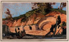 World War I: soldiers in front of a bunker shelter, c1910s. Creator: Walter Ernest Spradbery.