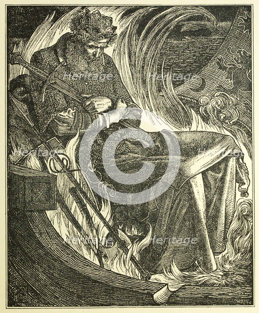Death of King Warwulf, pub. 1915 (engraving), 1915. Creator: Frederick Sandys (1829 - 1904).