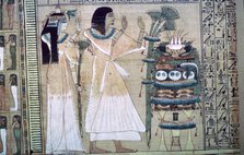 Depiction of a man and his wife making offerings to Osiris. Artist: Unknown