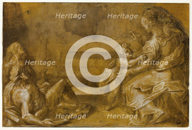 Two Reclining Beggars, and Seated Mother and Child, at Foot of Steps, n.d. Creator: Girolamo Macchietti.