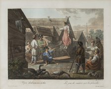 Game of Jumping on a Board, ca 1812. Artist: Korneev (Karneev), Yemelyan Mikhaylovich (ca 1780-after 1839)