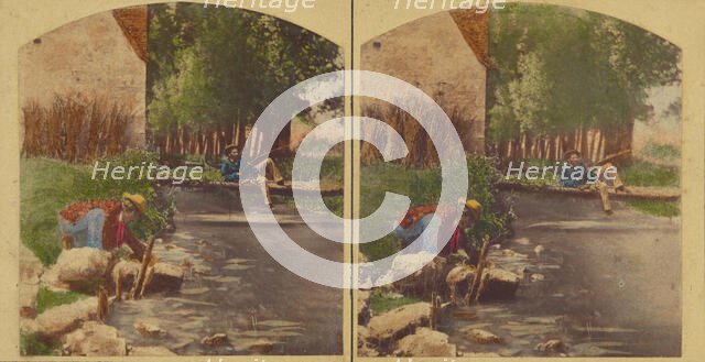 Men at stream fishing, about 1860. Creator: Unknown.