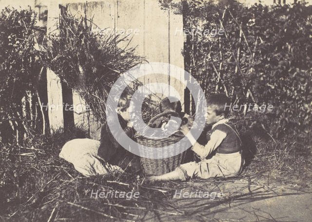 Trois jeunes enfants assis autour d'un panier, 1850-53. Creator: Unknown.