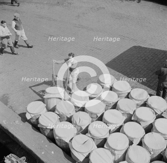 Barrels of fish on the docks at Fulton fish market ready to be shipped to retailers, New York, 1943. Creator: Gordon Parks.
