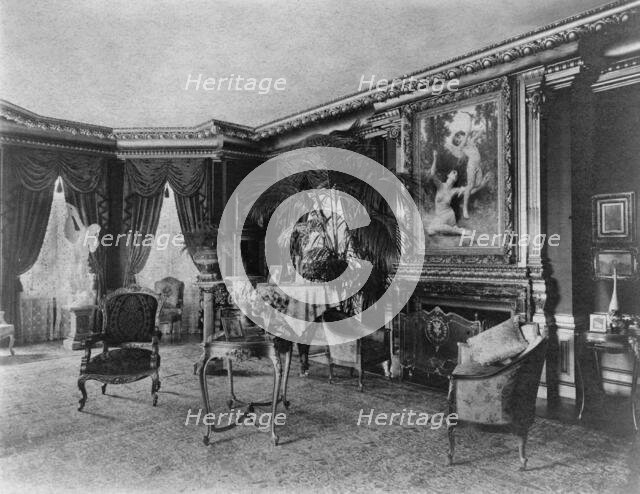 Interior with Bouguereau's "Flight of Love" over fireplace..., Greenwich, Connecticut, 1908. Creator: Frances Benjamin Johnston.