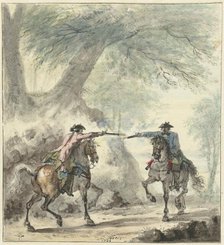 Two horsemen meet on a forest road and fire at each other, 1740. Creator: Cornelis Troost.