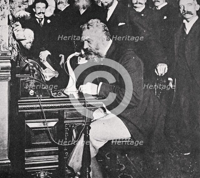 Alexander Graham Bell makes the first telephone call between New York and Chicago, USA, 1892. Artist: Unknown