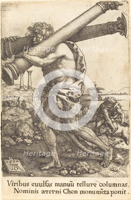 Hercules Carrying the Two Columns of Gaza, 1550. Creator: Heinrich Aldegrever.
