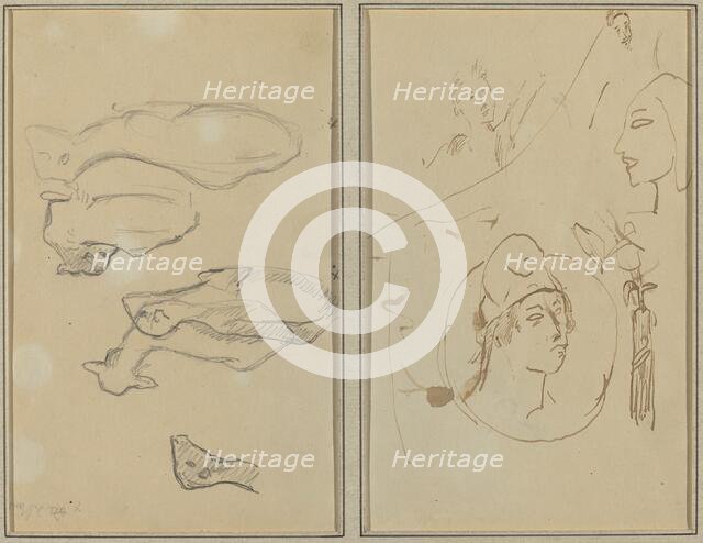 Five Sheep; Four Head Studies [verso], 1884-1888. Creator: Paul Gauguin.