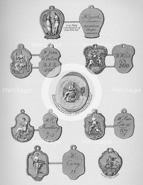 'Gold, silver, and lead tickets admitting to Vauxhall Gardens', c1740, (1912). Artist: James Stow.