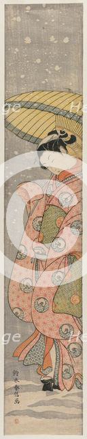 Young Woman Standing Under an Umbrella in the Snow, 1767-1768. Creator: Suzuki Harunobu (Japanese, 1724-1770).