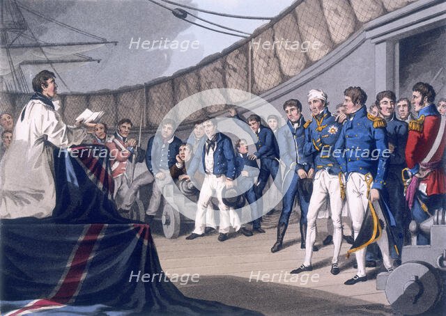 Sailors at prayers on board Lord Nelson's ship, after the Battle of the Nile, 1819. Creators: Matthew Dubourg, JH Clark.