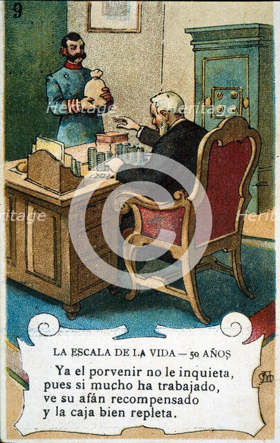 Picture card 'The scale of life'. Number 9, 1902, for the company 'Chocolates Amatller'. Creator: Mestres, Apeles. (1854-1936).