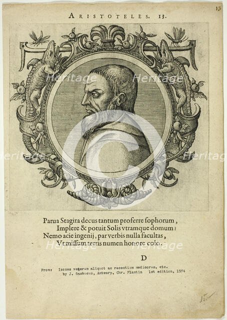 Portrait of Aristoteles, published 1574. Creators: Unknown, Johannes Sambucus.