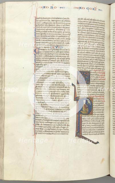 Fol. 440v, Corinthians I, historiated initial P, Paul kneeling talking to the bust of God above, c.  Creator: Unknown.