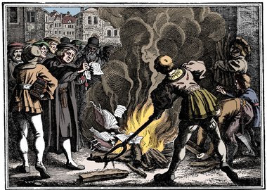 Thumbnail image of Martin Luther burning the Papal Bull, 1520. Artist: Unknown.
