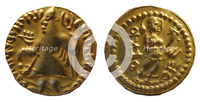 Imitation of a Kushan coin from Samatata. King Kanishka (obverse), Goddess standin..., 2nd-3rd cent. Creator: Numismatic; Oriental coins ().