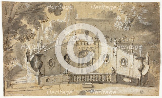 Staircase and Fountain (recto); Seated Male Nude in Profile to Left, Looking Upward (verso), n.d. Creator: Unknown.