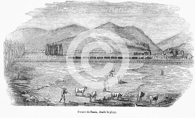 Bridge on Besos River in the railway line Barcelona to Mataró, seen from the beach, engraving, 1849.