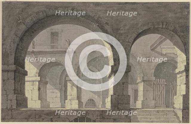 View into the side chapel of a Gothic church, illuminated in the evening; In the..., c1775-1779. Creator: Georg Melchior Kraus.