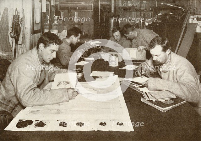 'Winter Work (Left to right - Debenham, Cherry-Garrard, Bowers, Evans, Taylor)', c1911, (1913). Artist: Herbert Ponting.