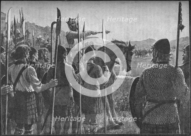 Robert the Bruce reviewing his troops before the Battle of Bannockburn, 1314 (1905).  Artist: EBL.