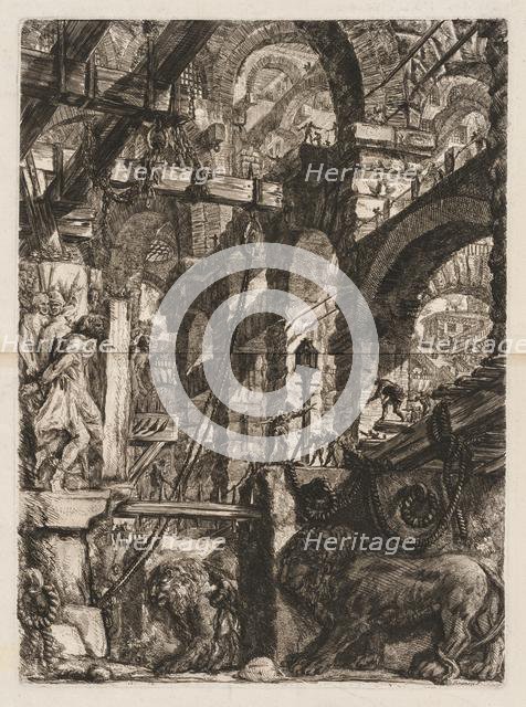 The Prisons: A Perspective of Roman Arches, with Two Lions Carved in Relief..., 1745-50. Creator: Giovanni Battista Piranesi (Italian, 1720-1778).