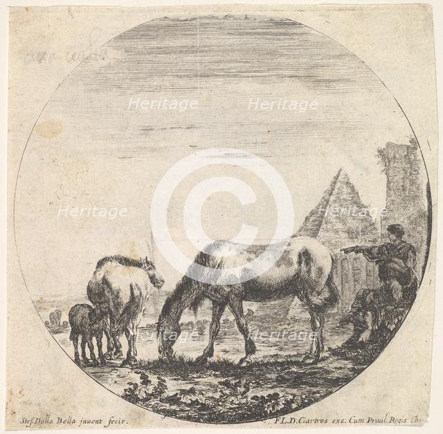 Plate 11: the pyramid of Caius Cestius to right in the background, a horse grazing ..., ca. 1643-48. Creator: Stefano della Bella.
