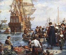 Pilgrim Fathers boarding the Mayflower. Artist: Unknown