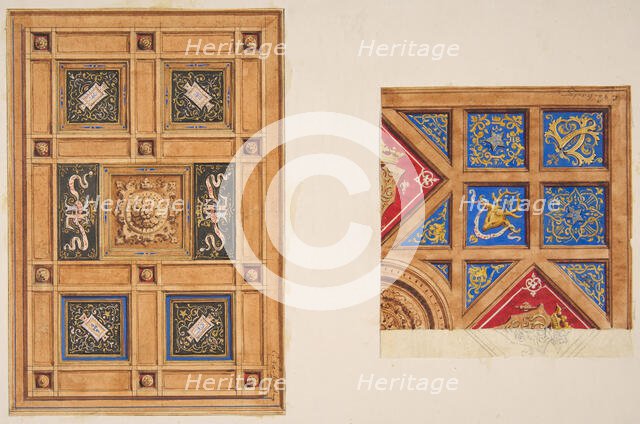 Two designs for paneled ceiling with painted decoration, 19th century. Creators: Jules-Edmond-Charles Lachaise, Eugène-Pierre Gourdet.