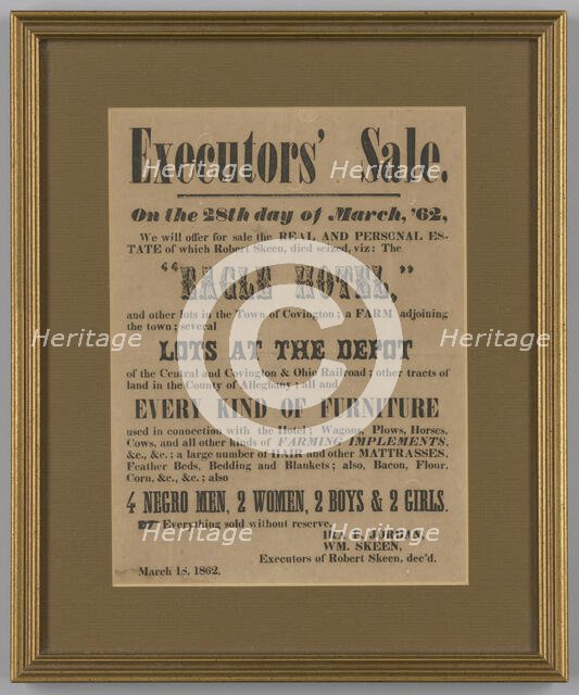 Broadside for the estate sale of Robert Skeen including ten enslaved people, March 18, 1862. Creator: Unknown.