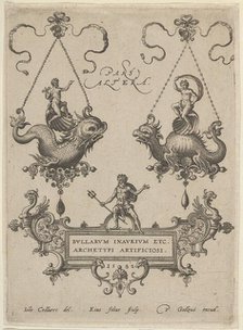 Title Plate with Two Pendant Designs Above and Neptune Standing on a Cartouche Below, 1582. Creator: Adriaen Collaert.