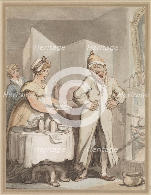 A man in pain receiving medicines from a housemaid, c1800s. Creator: Thomas Rowlandson.