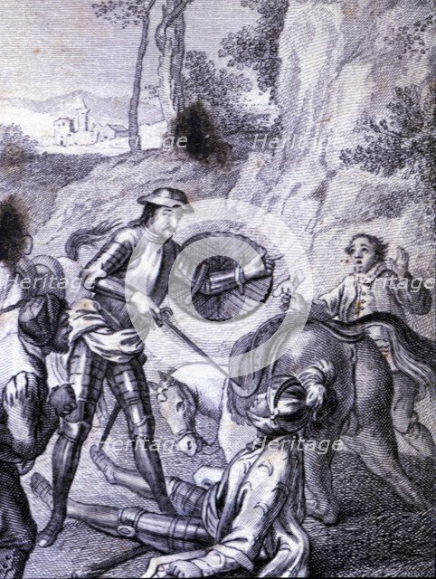 Engraving in an episode of Don Quixote, in 'El Ingenioso Hidalgo Don Quijote de la Mancha' (The I…