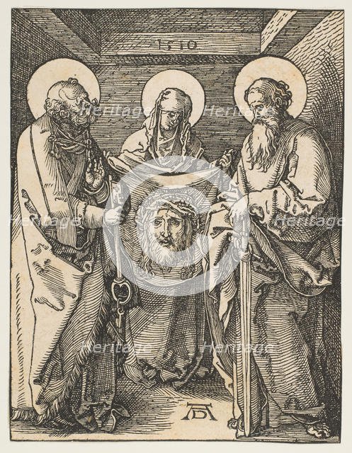 Saint Veronica between Saints Peter and Paul, from The Small Passion, 1510. Creator: Albrecht Durer.
