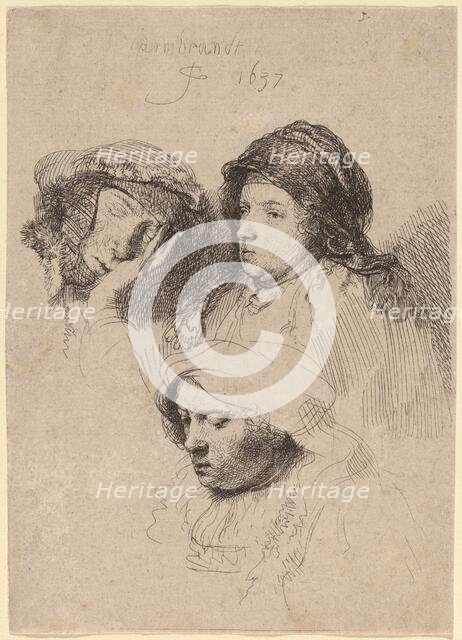 Three Heads of Women, One Asleep, 1637. Creator: Rembrandt Harmensz van Rijn.