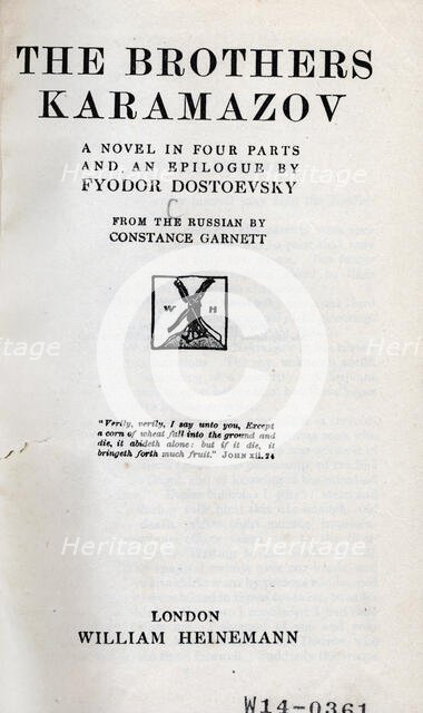 Title page from "The Brothers Karamazov" by Fyodor Dostoevsky, 1920.  Creator: Unknown.