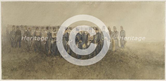 Break of a battalion of infantry on the heath, 1860. Creator: Charles Rochussen.