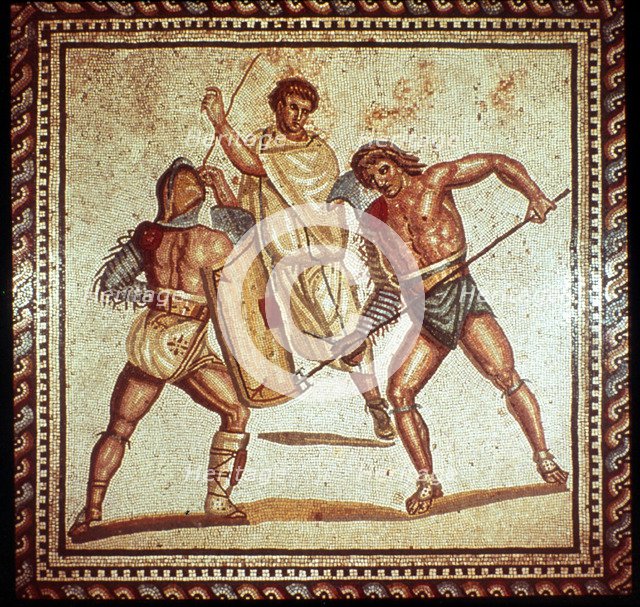 Gladiators in the arena, Roman mosaic, Saarbrucken, Germany. Artist: Unknown